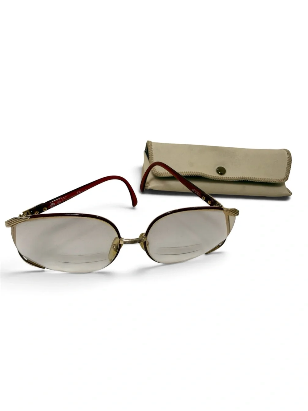 Vintage 70’s Large Christian Dior Gold Frame Glasses with Red Temples